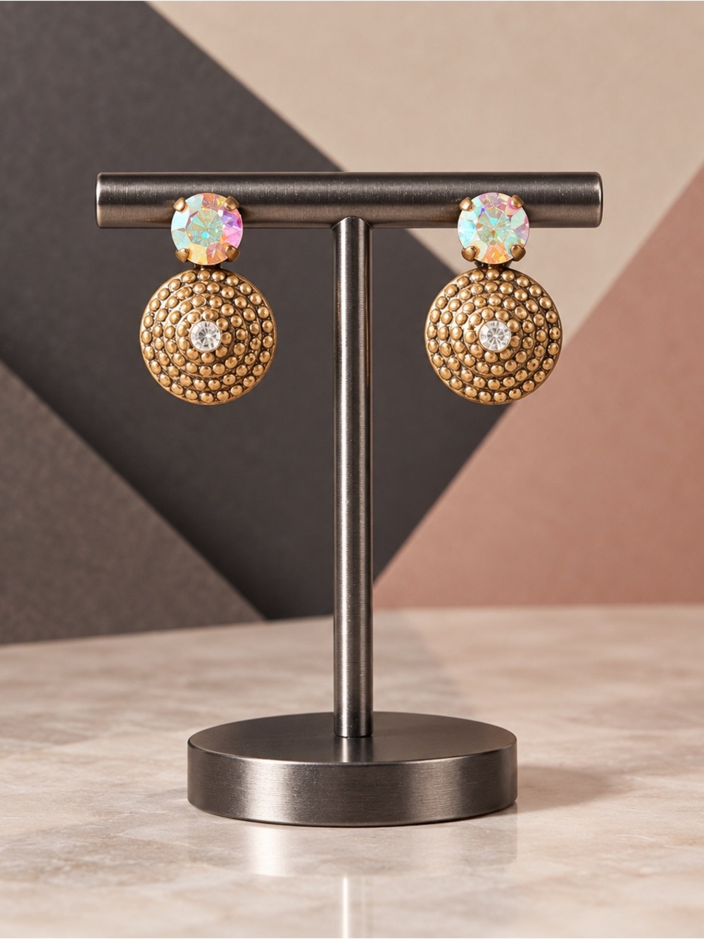 Sorrelli Signed Bronze Tone AB Crystal Disc Drop Earrings 1